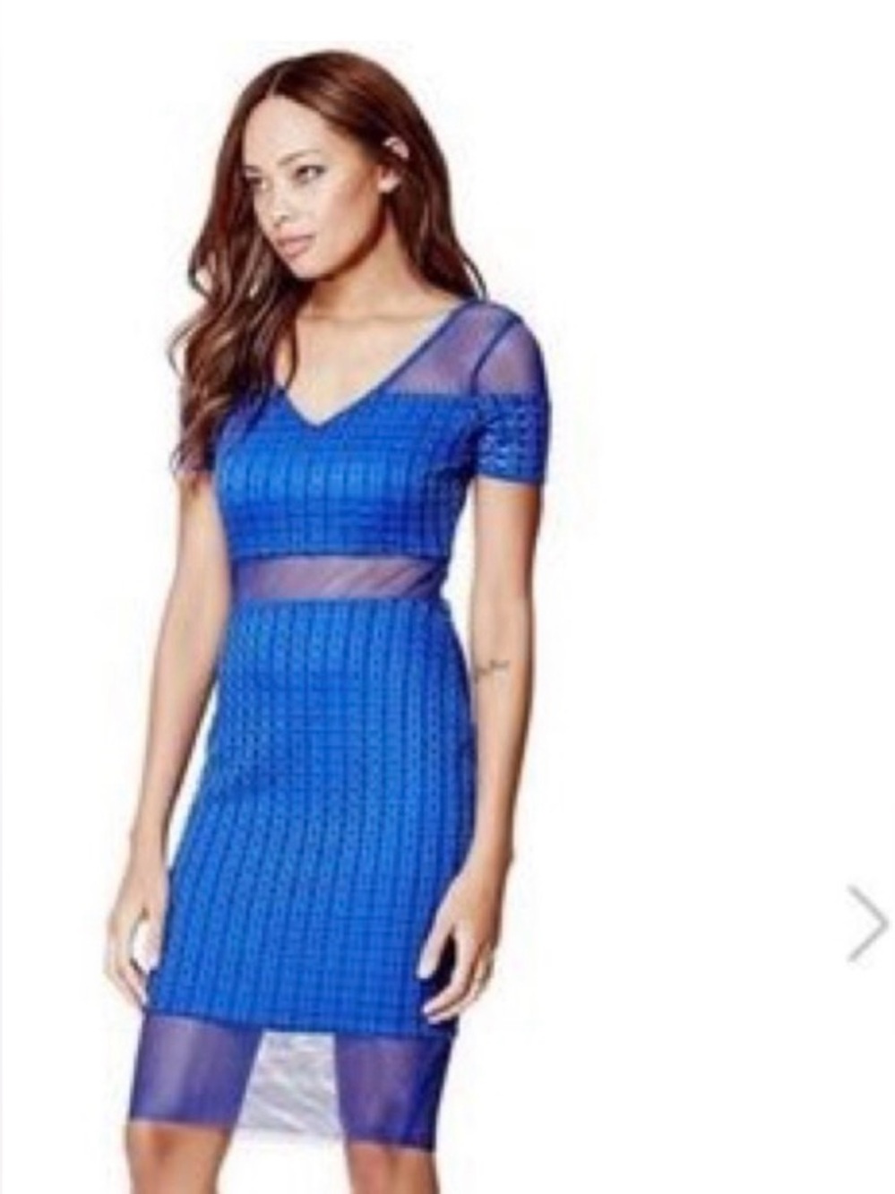 NWT Guess Blue Mesh Panel V‑Neck Bodycon Dress